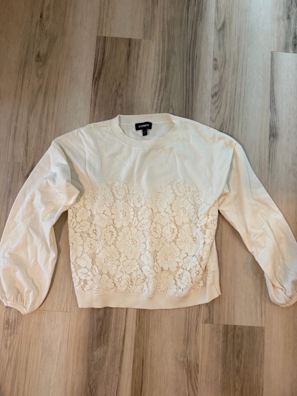 Express Ivory Lace-Front Crewneck Pullover